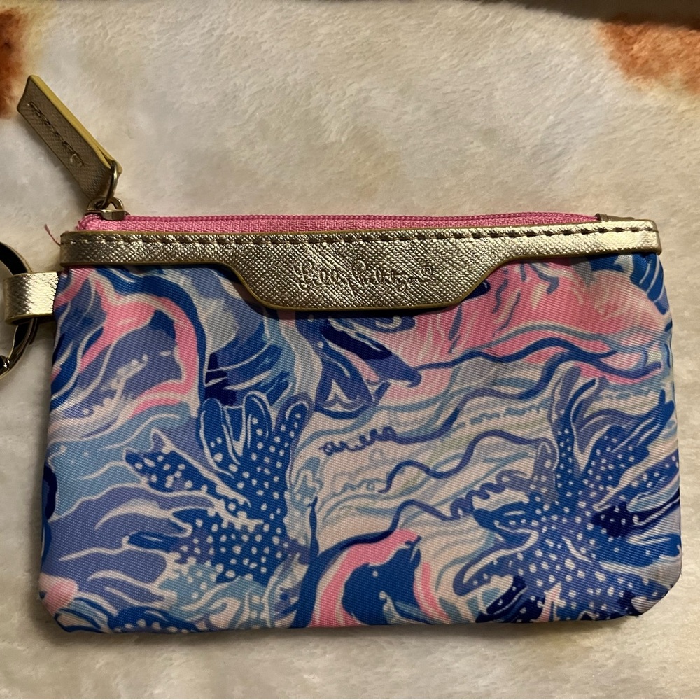 Lilly Pulitzer Gold Trim Pink and Blue Cosmetic Bag